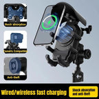 Wireless Charging Motorcycle Phone Holder with Sun Visor & Anti-Theft Lock 360-degree Rotation, Camera Compatible, Handbar Version, Mirror Version