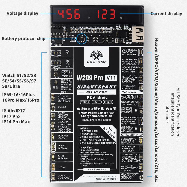 OSS TEAM W209 PRO V11 Battery Activator Board 7.4V High-Voltage for iPhone 6 To 17 Series & Android Devices, W209 PRO V11