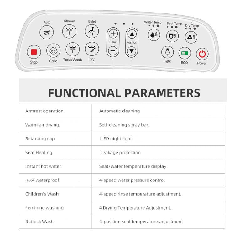 Smart Toilet Seat with Armrest Control Features Instant Heating, Warm Air Dryer, Self-Cleaning Nozzle, LED Night Light, Long Type US Plug, Short Type US Plug, Long Type EU Plug, Short Type EU Plug