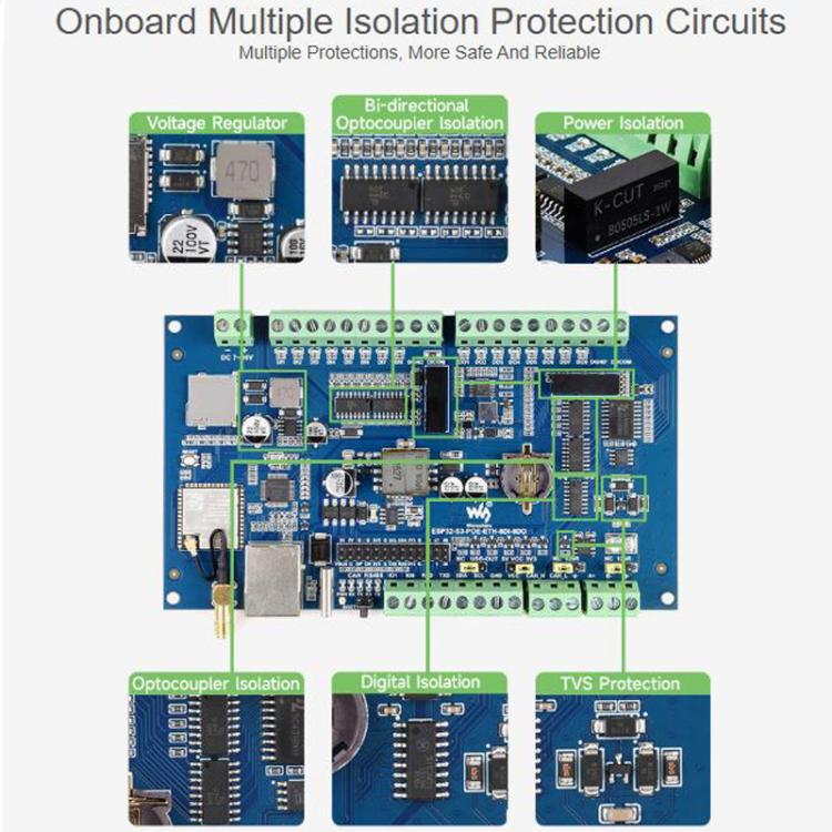 Control Board With 8-Channel Digital Input & Output, Built-In Xtensa 32-Bit LX7 Dual-Core Processor, Waveshare ESP32-S3-POE-ETH-8DI-8DO