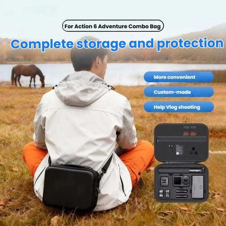 For DJI Osmo Action 6 Adventure Combo Carrying Case Shock-Absorbing EVA+PU Storage Bag, Shoulder Strap Black