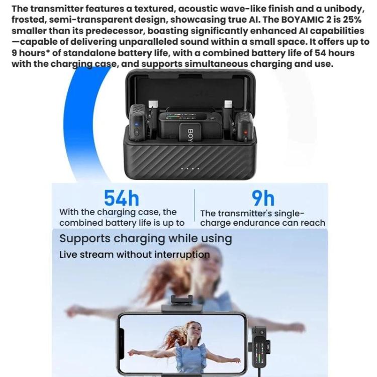 BOYA MIC2 Wireless Lavalier Microphone Mobile Camera Live Streaming Noise Reduction Film & TV Recording Mic, 03 1 To 1 No Case, 02 1 To 2 With Case No Lapel Mic, 01 1 To 2 With Case+Lapel Mic