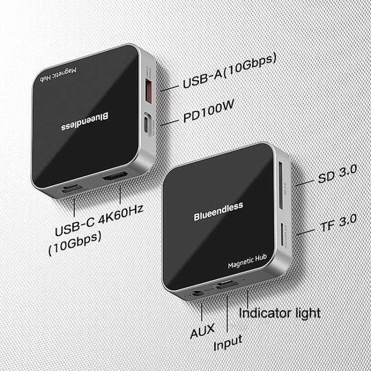 Magnetic Type-C Dock HUB 4K 60Hz HD USB3.2 Splitter Phone Tablet Adapter, Blueendless MC810 8 Ports, Blueendless MC710 7 Ports