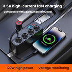 BY-1847 120W 1-To-4 Retractable Car Cable Digital Display Cigarette Lighter Car Charger