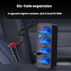 BY-1847 120W 1-To-4 Retractable Car Cable Digital Display Cigarette Lighter Car Charger