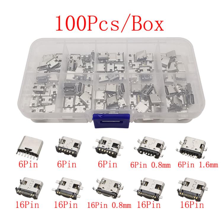 100pcs /Box  Assorted USB Type C Female Connectors, 10 Variations 6P/16P SMT & Through-Hole Sockets, USB 3.1 Fast Charge