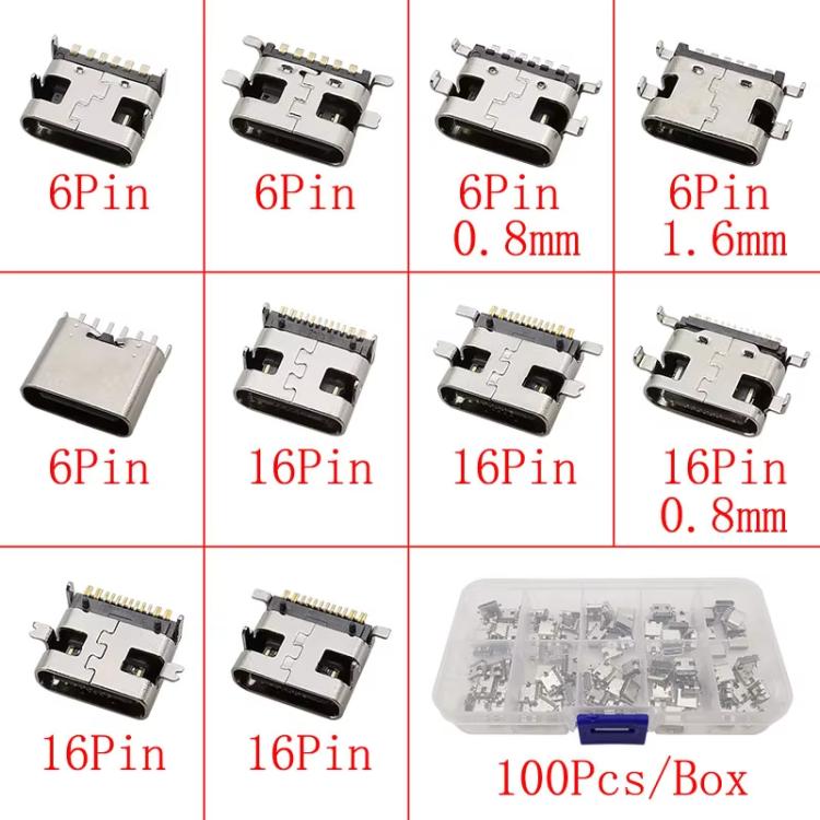100pcs /Box  Assorted USB Type C Female Connectors, 10 Variations 6P/16P SMT & Through-Hole Sockets, USB 3.1 Fast Charge