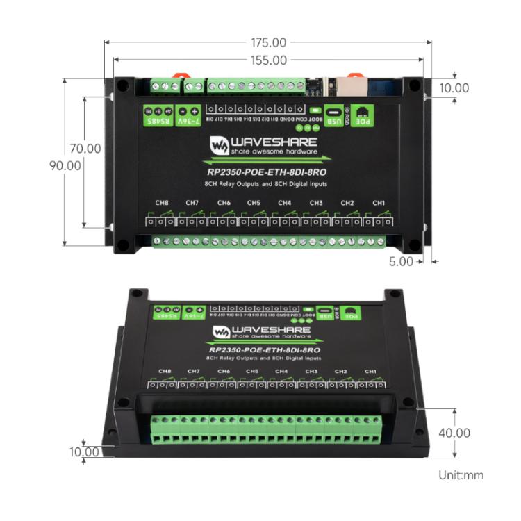 WAVESHARE RP2350 Industrial Control Board 8-Channel Network Relays Based On RP2350 Main Controller, 32451, 32452