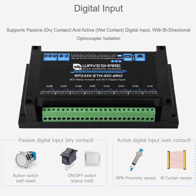 WAVESHARE RP2350 Industrial Control Board 8-Channel Network Relays Based On RP2350 Main Controller, 32451, 32452