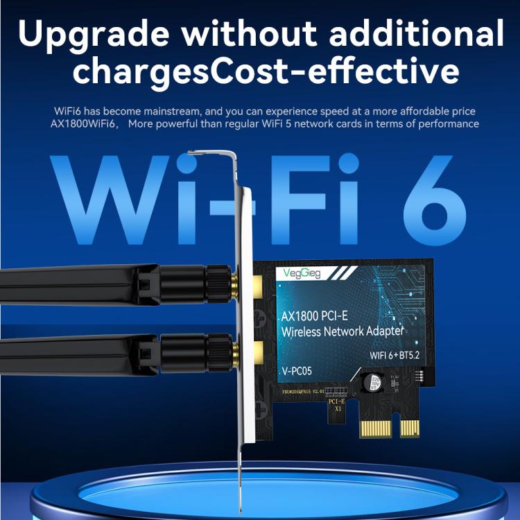 VegGieg 2 In 1 Desktop Gigabit PCIe Wireless Network Adapter, AX1800 PCI-E to WIFI 6 + Bluetooth 5.2/5dB