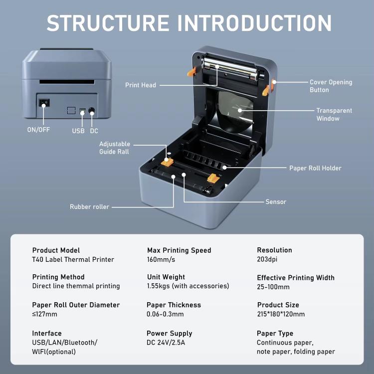 4-Inch Thermal Label Printer for Shipping, Barcode & Packaging Labels 25-100mm Print Width, EU Plug, HZTZ T40 USB, HZTZ T40 USB+Bluetooth, HZTZ T40 USB+LAN, HZTZ T40 USB+Bluetooth+Wi-Fi, HZTZ T40 USB+Wi-Fi