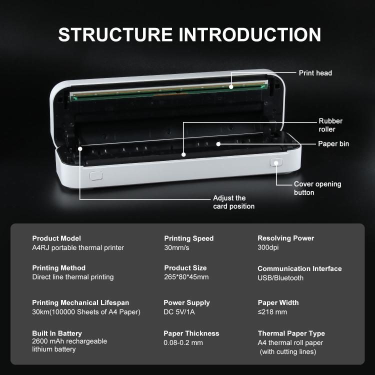 Wireless Rechargeable Thermal Printer Supports 2-inch to 8.5-inch Paper for PDF, Files, Images, and Tattoo Paper, HZTZ A4RJ 200dpi White, HZTZ A4RJ 200dpi Black, HZTZ A4RJ PRO 300dpi White, HZTZ A4RJ PRO 300dpi Black