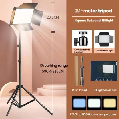 2700K-6500K 10-inch Square Flat Panel LED Light with 4-Leaf Barn Doors and 2.1m Tripod Stand for Photography/Video Studio, CN Plug