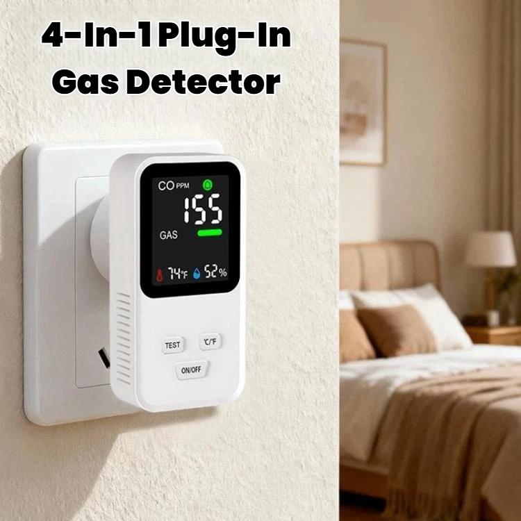 4-In-1 Plug-In Gas Detector Carbon Monoxide Combustible Gas Temperature Humidity Monitor With High Sensitivity & Alarm, US Plug, DM340  White, DM340 Black