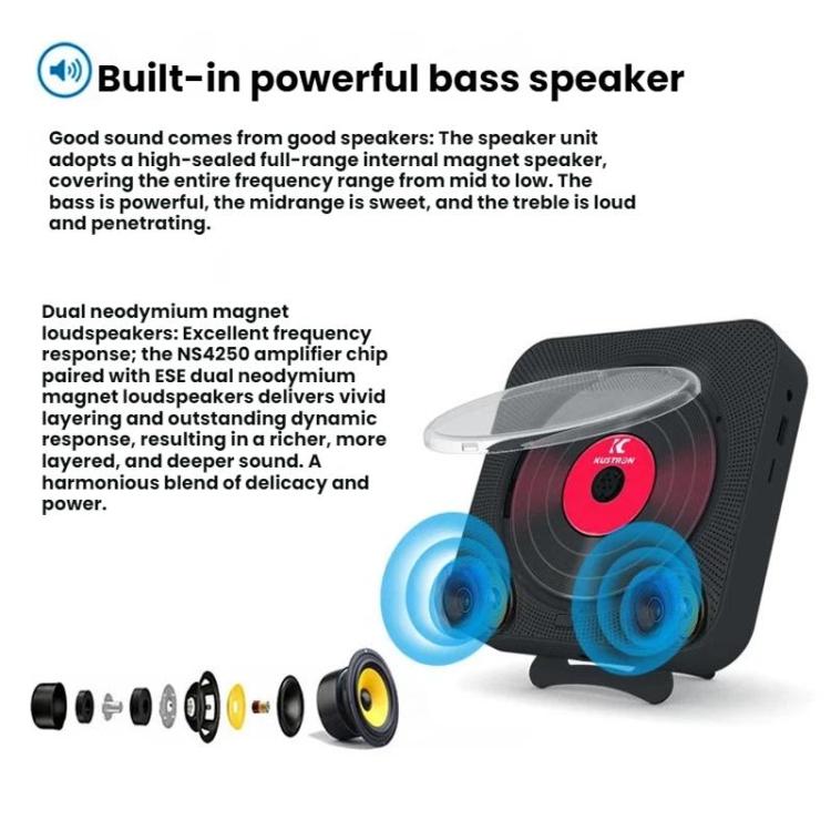 KUSTRON Home Wall-Mounted Rechargeable CD Player Bluetooth Speaker Music Player With Cover, US Plug, EU Plug, UK Plug, AU Plug