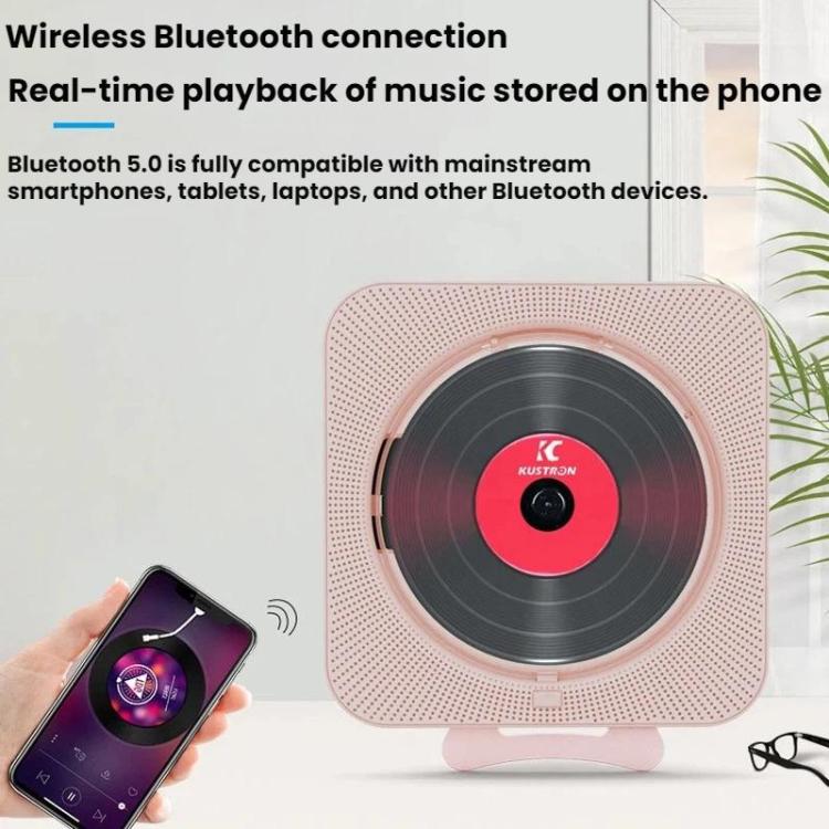 KUSTRON Home Wall-Mounted Rechargeable CD Player Bluetooth Speaker Music Player With Cover, US Plug, EU Plug, UK Plug, AU Plug