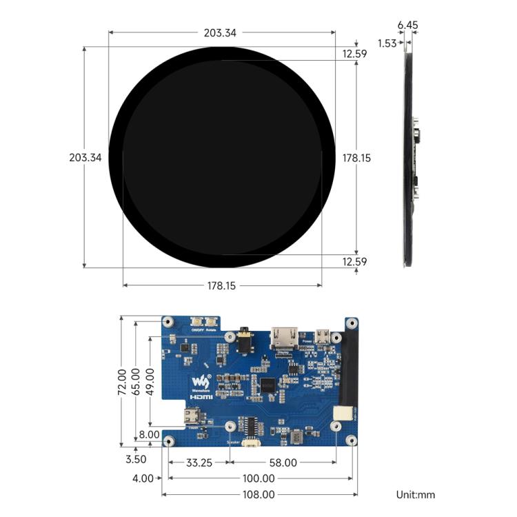 Waveshare 7inch Round HDMI Capacitive Touch Display, 1080x1080 LCD, 10-Point Multi-Touch  For Raspberry Pi Arduino DIY, 7inch 1080x1080 LCD