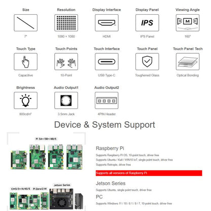 Waveshare 7inch Round HDMI Capacitive Touch Display, 1080x1080 LCD, 10-Point Multi-Touch  For Raspberry Pi Arduino DIY, 7inch 1080x1080 LCD