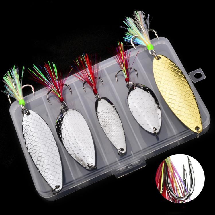 PROBEROS 5Pcs Fishing Spoons Lures Kit Metal Hard Bait Set with Sharp Blood Groove Hook & Colorful Feathers