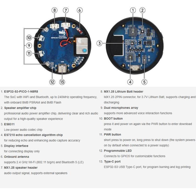 ESP32-S3 1.43 Inch AMOLED Round Touch Display Development Board Supports AI Speech Interaction And Online LLM Platforms Without Lithium Batteries, Waveshare 34384