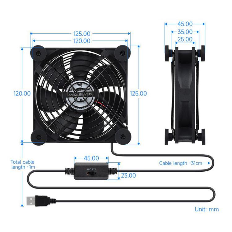 Waveshare 34398 USB 5V 120mm Quiet Cooling Fan, 3-Speed Adjustable, PWM Control, High Airflow, Anti-Vibration Design, Single, Double