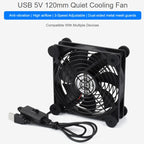 Waveshare 34398 USB 5V 120mm Quiet Cooling Fan, 3-Speed Adjustable, PWM Control, High Airflow, Anti-Vibration Design, Single, Double