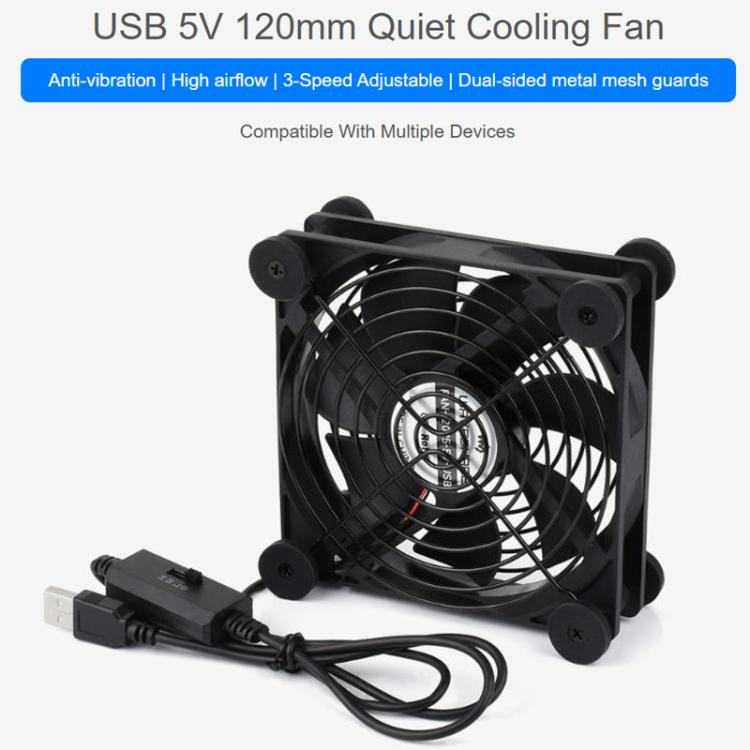 Waveshare 34398 USB 5V 120mm Quiet Cooling Fan, 3-Speed Adjustable, PWM Control, High Airflow, Anti-Vibration Design, Single, Double