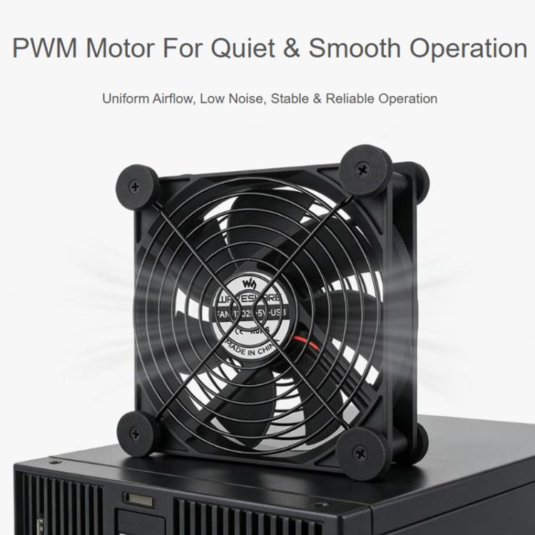 Waveshare 34398 USB 5V 120mm Quiet Cooling Fan, 3-Speed Adjustable, PWM Control, High Airflow, Anti-Vibration Design, Single, Double