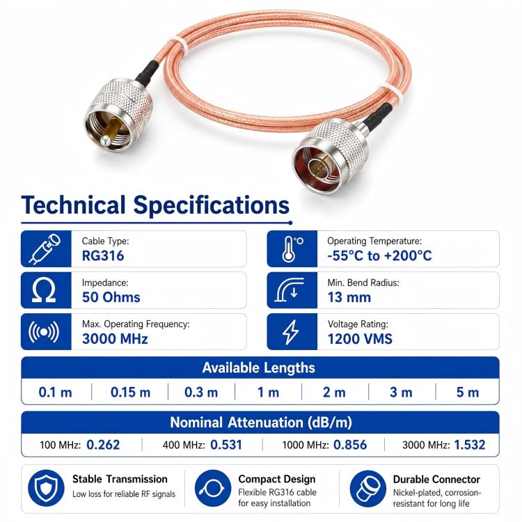 UHF Male To N-Type Male RG316 Extension Cable RF Coaxial Cable, 0.1m, 0.15m, 0.3m, 1m, 2m, 3m, 5m