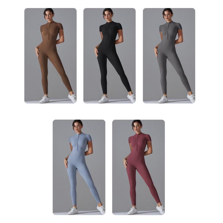 Zippered High-stretch Short-sleeved Bodysuit For Fitness Yoga, S, M, L, XL
