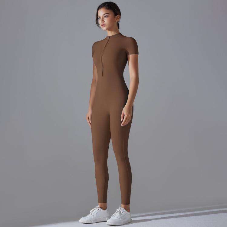Zippered High-stretch Short-sleeved Bodysuit For Fitness Yoga, S, M, L, XL