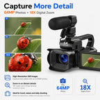 64MP 6K 18X Digital Zoom Camcorder Video Camera With 4-Inch Touch Screen, Microphone & LED Light, 32G, 64G, 128G, 256G