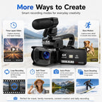64MP 6K 18X Digital Zoom Camcorder Video Camera With 4-Inch Touch Screen, Microphone & LED Light, 32G, 64G, 128G, 256G