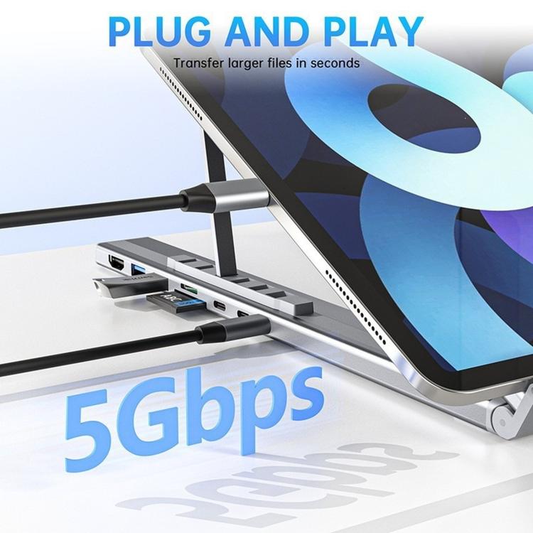 8-In-1 Laptop Stand With USB-C Hub Laptop Riser With Gigabit Ethernet, 4K HDMI, 2 USB 3.0, SD/TF, 100W PD, Foldable Portable Docking Station