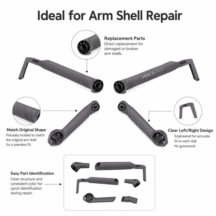 For DJI Mini 5 Pro Drone Arm Shells Repair Parts, Left Front Empty Boom Shell, Right Front Empty Boom Shell, Left Rear Empty Boom Shell, Right Rear Empty Boom Shell, Single Boom Shell Left Front, Single Boom Shell Right Front, Single Boom Shell Left Re...
