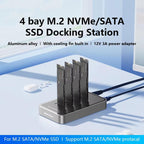Blueendless DB2804SNA 4-Bay M.2 NVMe/SATA SSD Docking Station USB-C 10Gbps Aluminum SSD Case Supports Max 32TB, US Plug, UK Plug, EU Plug