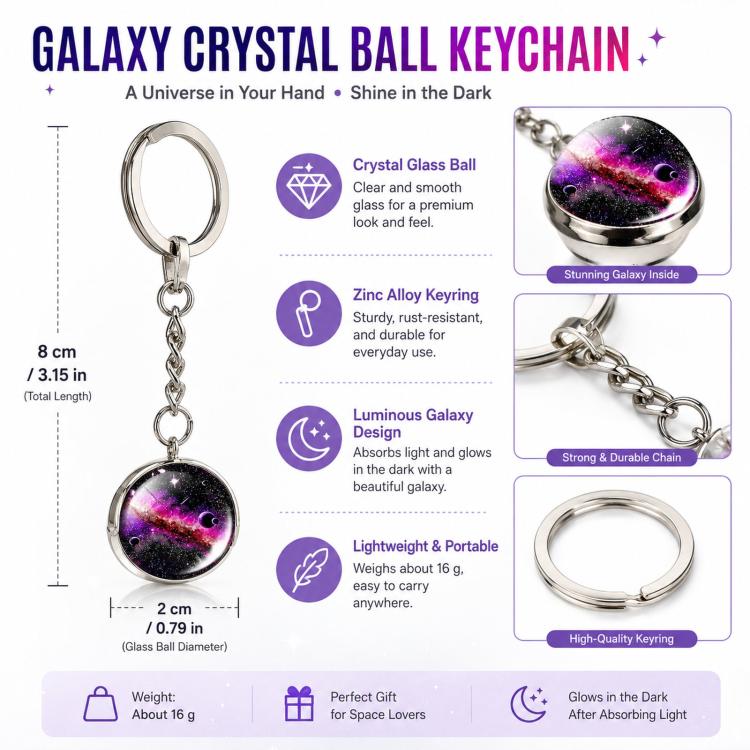 3D Galaxy Crystal Ball Keychain Glow in the Dark Planet Pendant Luminous Cosmic Starry Sky Pocket Keyring for Car Keys, Backpack
