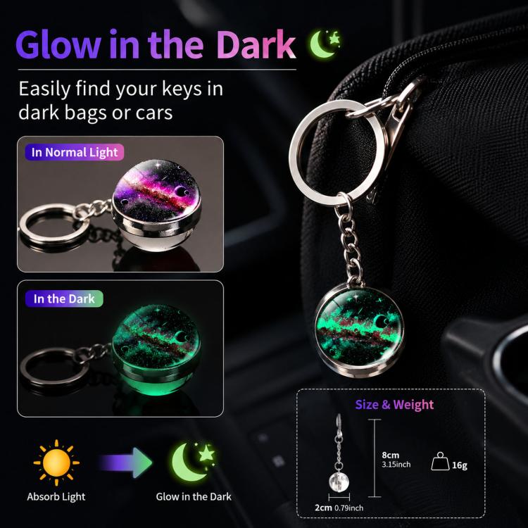 3D Galaxy Crystal Ball Keychain Glow in the Dark Planet Pendant Luminous Cosmic Starry Sky Pocket Keyring for Car Keys, Backpack