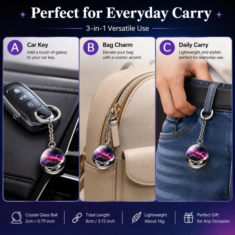 3D Galaxy Crystal Ball Keychain Glow in the Dark Planet Pendant Luminous Cosmic Starry Sky Pocket Keyring for Car Keys, Backpack