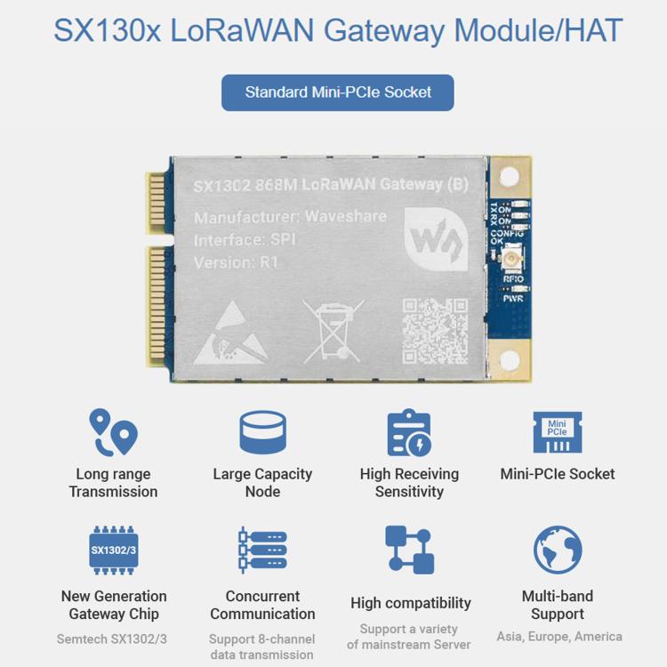 Waveshare For Raspberry Pi LoRaWAN Gateway Module Standard Mini-PCIe Socket, SX1302 868M, SX1302 868M With Expansion Board, SX1303 868M, SX1303 868M With Expansion Board, SX1302 915M, SX1302 915M With Expansion Board, SX1303 915M                       ...
