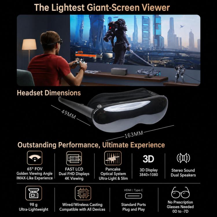 4K Ultra HD Smart VR Headset 1,000 Inch 3D Projection Universal Gaming Headset, WIFI Orange, WIFI Black, DP Orange, DP Black, WIFI Orange+TX Cable, WIFI Black+TX Cable, DP Orange+HDMI To DP cable, DP Black+HDMI To DP cable