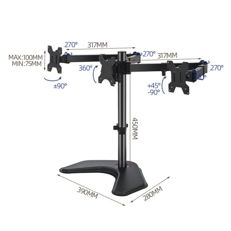 Three-Screen 360 Degree Rotating Base Cantilever Monitor Mount, ZX-T033V