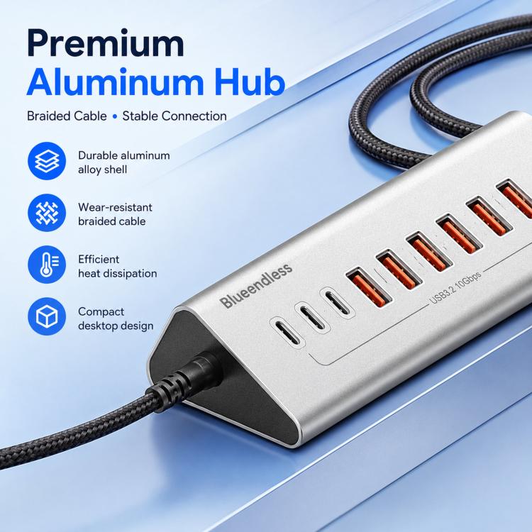 Blueendless TYPE-C Splitter 10Gbps Braided Cable Extension Hub, 15W USB3.2 x 4, 15W USB3.2 x 3+SD/TF3.0, 15W USB3.2 x 4+TYPE-C3.2 x 2+SD/TF3.0, 15W USB3.2 x 4+TYPE-C3.2 x 3, 36W USB3.2 x 7+TYPE-C3.2 x 3