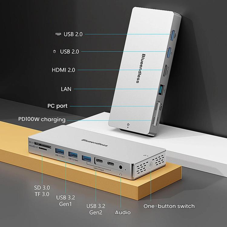 Blueendless Desktop Type-C Docking Station With 4K 60Hz Gigabit Ethernet USB 3.2 Ports, 14 in 1 Gray