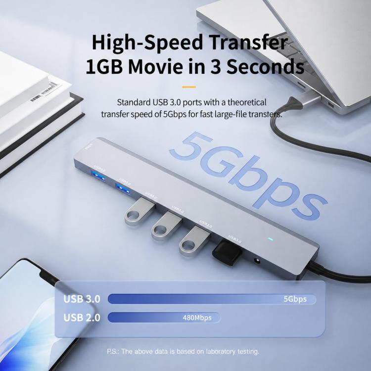 USB 3.0 Hub High Speed 7-Port Expander Aluminum Alloy Splitter With Independent DC 3.5mm Power Supply, ADS-313A