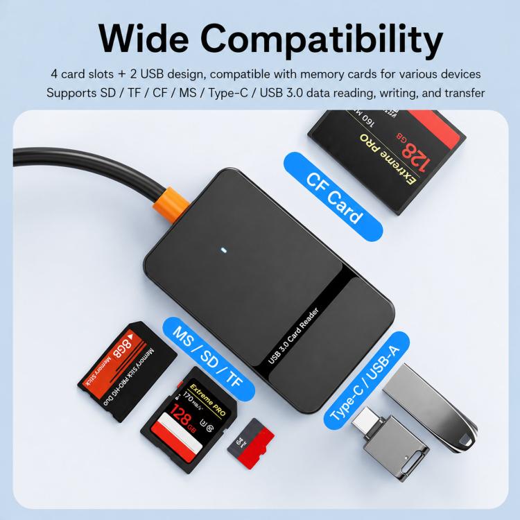 6 In 1 USB / Type-C High-Speed 3.0 Card Reader SD/TF/CF/MS Card Reader, ADS-326