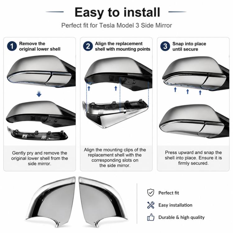 For 2017-2022 Tesla Model 3 Electroplated Rearview Mirror Back Cover 2287.3006, Left, Right