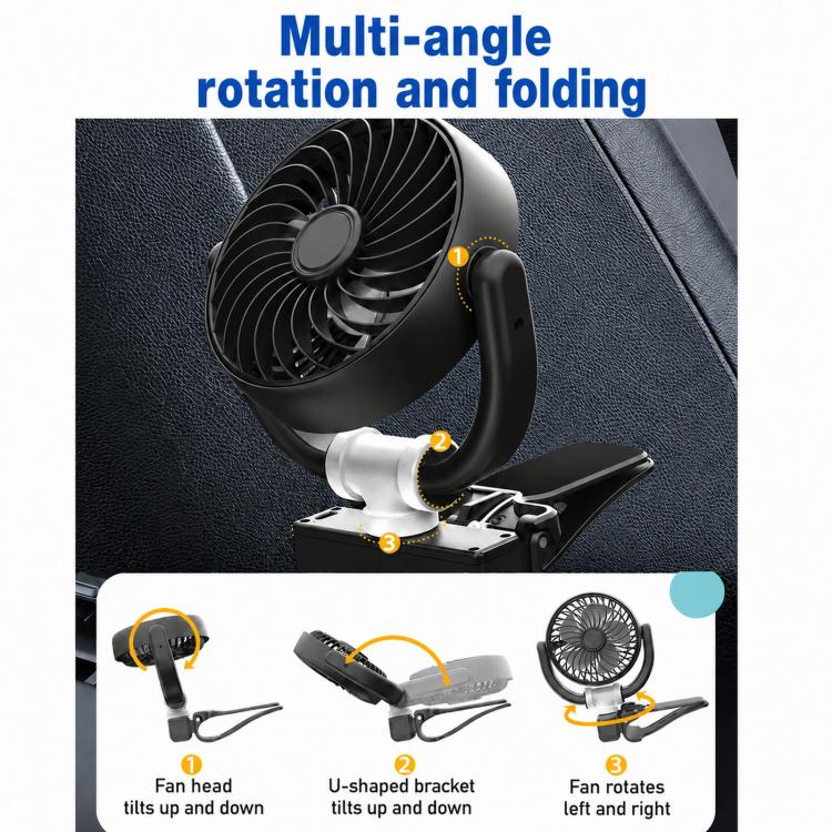F4508 Adjustable Clip-On Front Baffle Car Fan 3-Speed Portable Quiet Cooling Fan, F4508
