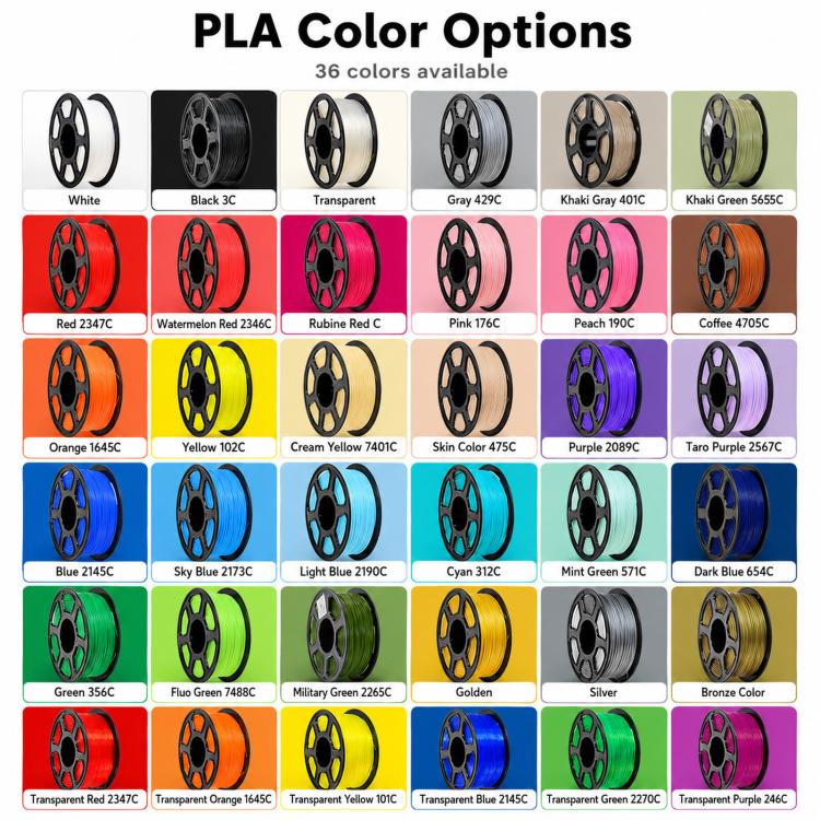 PLA 3D Printer Filament 1.75mm 1kg Spool Tangle-Free Eco-Friendly 3D Printing Material, White, Black, Grey, Transparent, Coffee, Red, Rose Red, Pink, Peach Red, Orange, Yellow, Skin Color, Purple, Blue, Sky Blue, Cyan, Deep Blue, Fluorescent Green, Gol...