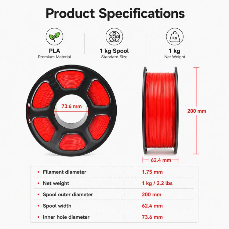 PLA 3D Printer Filament 1.75mm 1kg Spool Tangle-Free Eco-Friendly 3D Printing Material, White, Black, Grey, Transparent, Coffee, Red, Rose Red, Pink, Peach Red, Orange, Yellow, Skin Color, Purple, Blue, Sky Blue, Cyan, Deep Blue, Fluorescent Green, Gol...